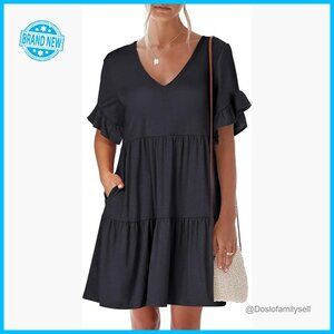 V Neck Ruffle Sleeve A Line Tiered Mini Dress with Pockets Casual Beach Wear